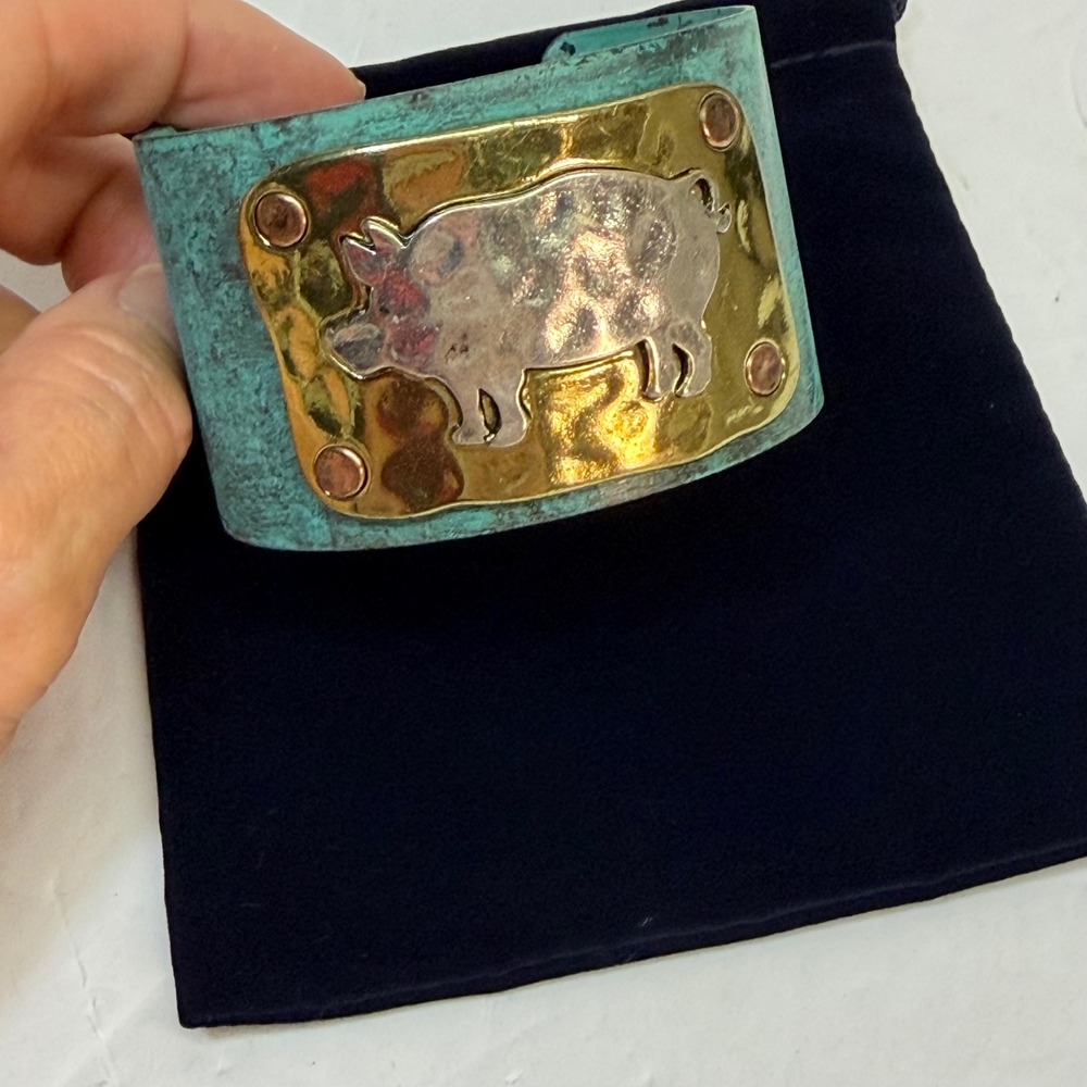 Artisan Mixed Metal Pig Cuff Bracelet Verdigris Patina Hammered Boho Statement